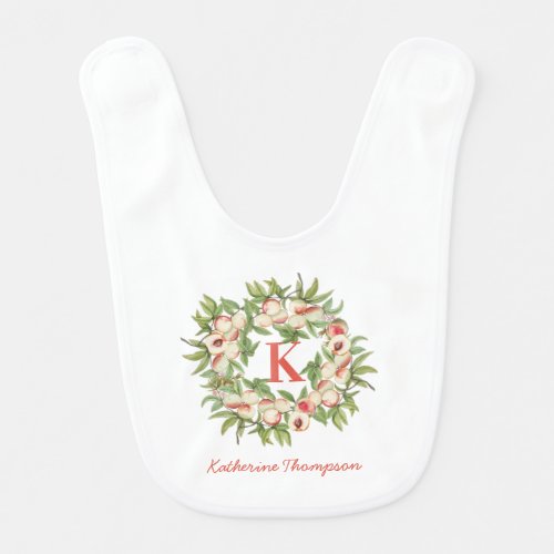 Peach Wreath  Greenery Monogram Initial Baby Bib