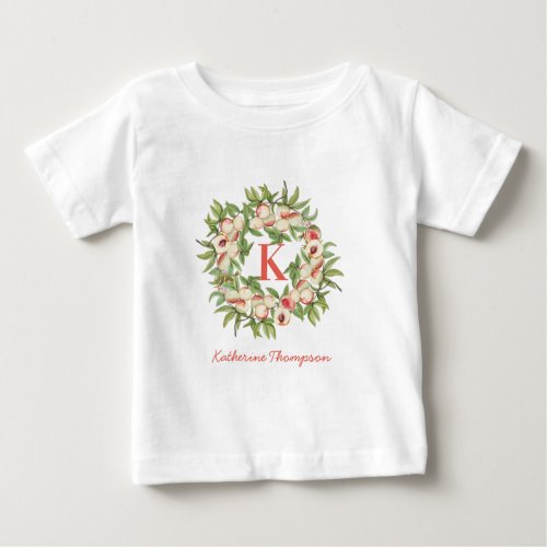 Peach Wreath  Greenery Monogram Initial  Baby T_Shirt