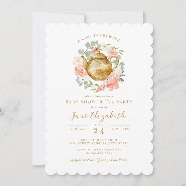 Peach Wreath Tea Party Baby Shower  Invitation (Front)