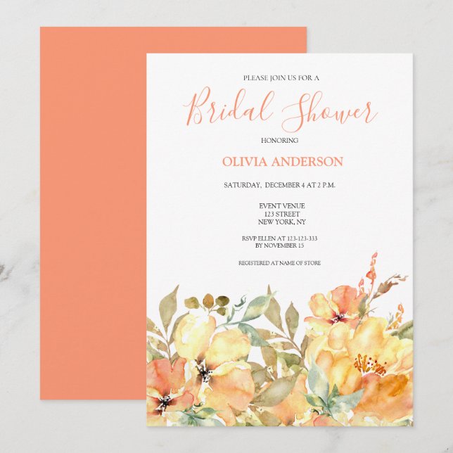 Peach Yellow Floral Bridal Shower  Invitation (Front/Back)