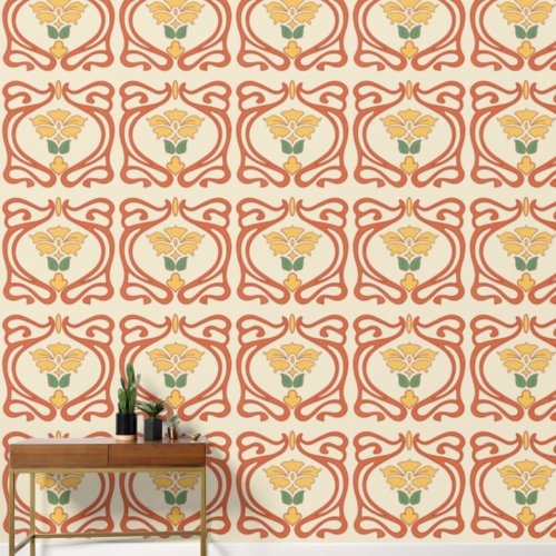 Peach Yellow Green Art Nouveau Tile Wallpaper