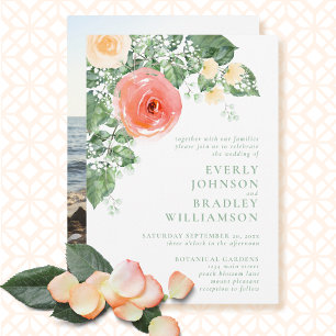 Peach Yellow Green Large Watercolor Floral Wedding Invitation