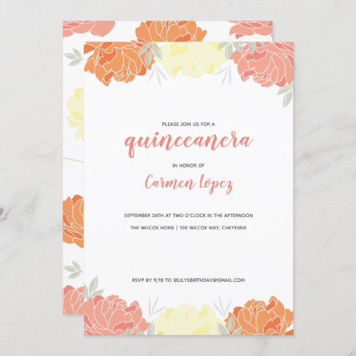 Peach Yellow  Orange Peonies Quinceanera Party Invitation