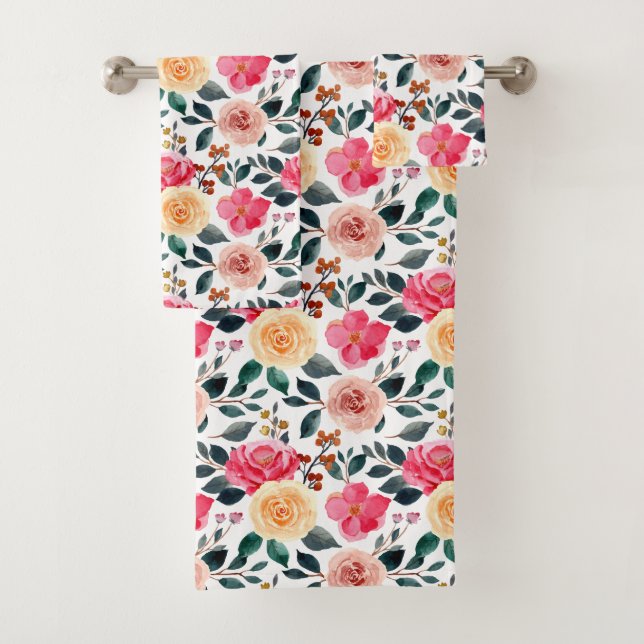 Peach Yellow Pink Greenery Girly Floral Pattern Bath Towel Set (Insitu)