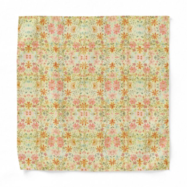 Peach Yellow Summer Floral Watercolor Handkerchief Bandana (Front)