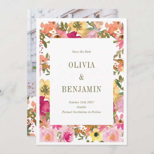 Peach Yellow Watercolor Floral Wedding Photo Save The Date