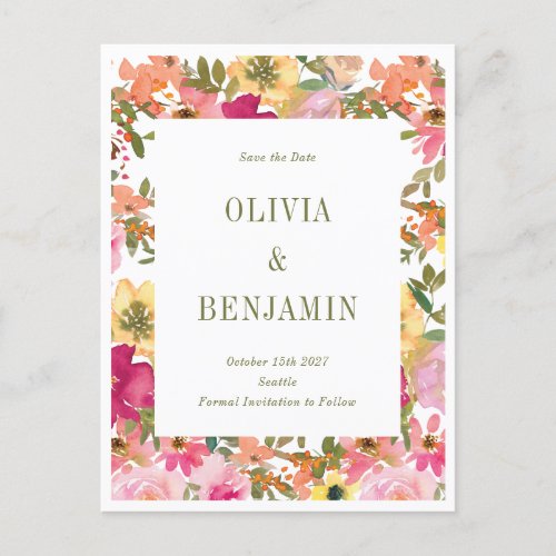 Peach Yellow Watercolor Floral Wedding Postcard