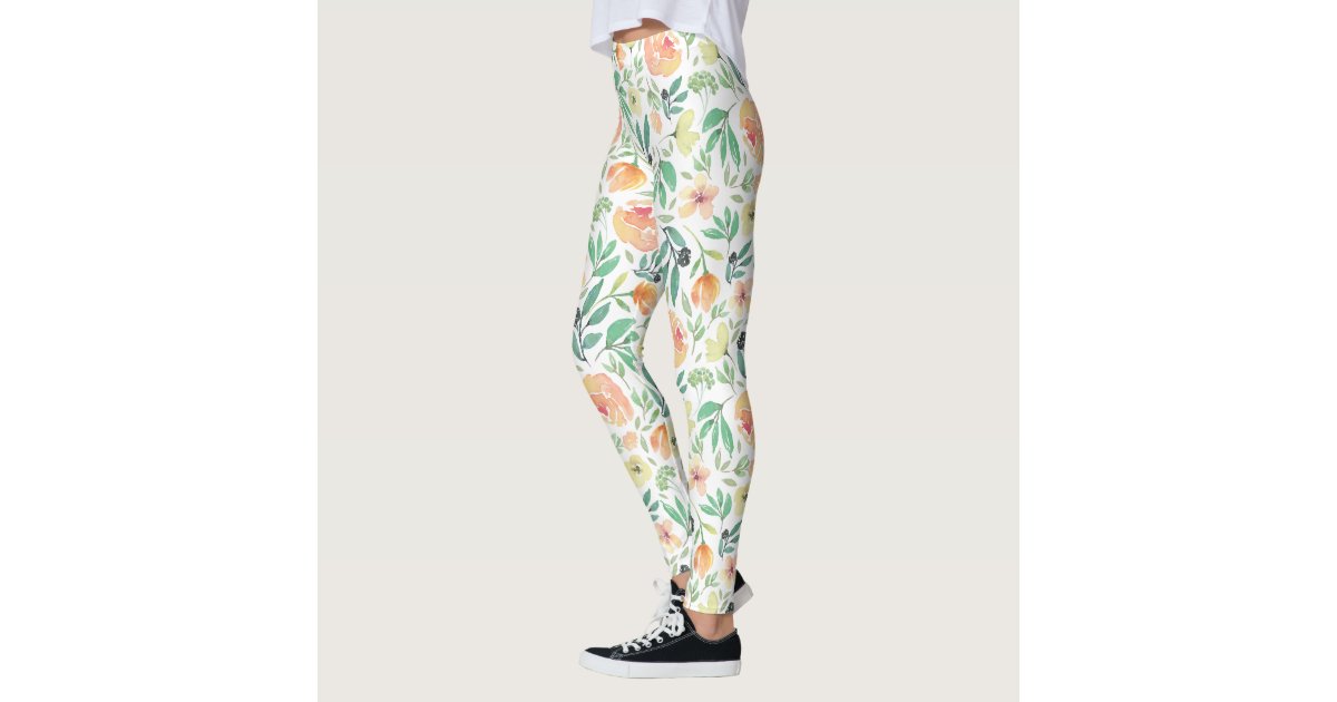 Peach & Yellow Watercolor Flowers Pattern Leggings | Zazzle