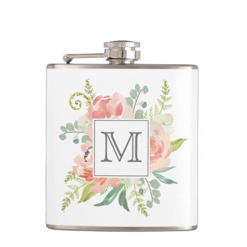 Peaches and Cream Monogrammed Floral Flask