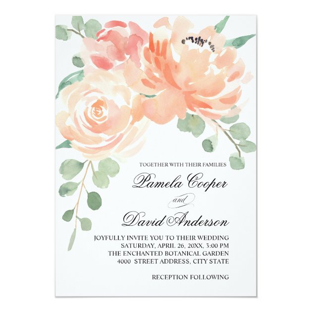 Peaches And Cream Watercolor Floral Wedding Invitation