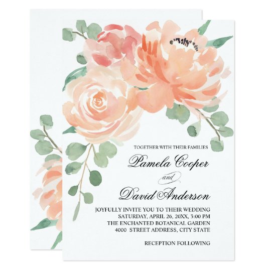 Peaches and Cream Watercolor Floral Wedding Invitation