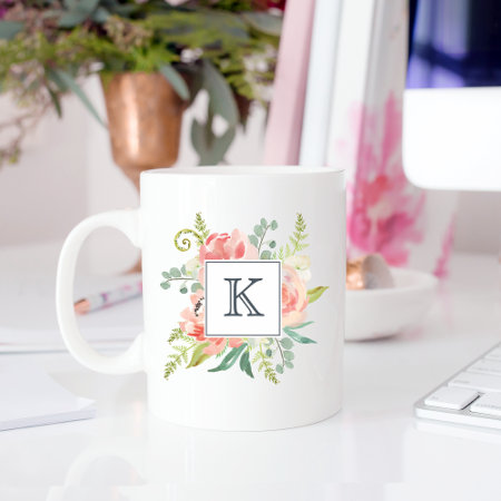 Peaches And Cream Watercolor Floral With Monogram Coffee Mug