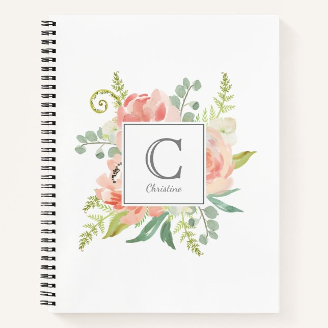 Peaches and Cream Watercolor Floral with Monogram Notebook (Front)