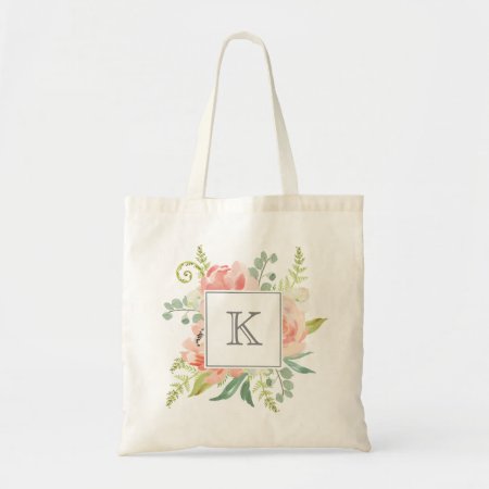 Peaches And Cream Watercolor Floral With Monogram Tote Bag