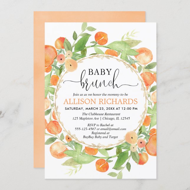 Peaches baby shower brunch, peach watercolors girl invitation (Front/Back)