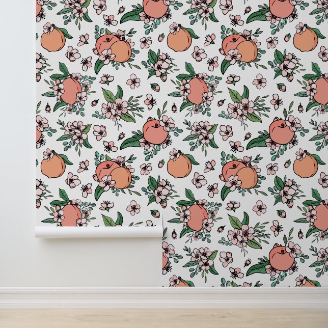 Peaches & Blossom Floral Fruit Pattern Wallpaper (Application)
