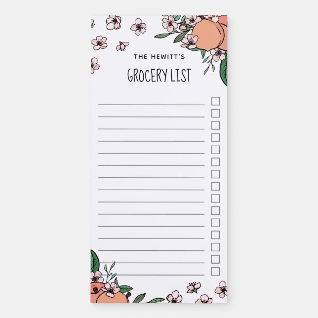 Peaches & Blossom Grocery Check List Magnetic Notepad (Front)
