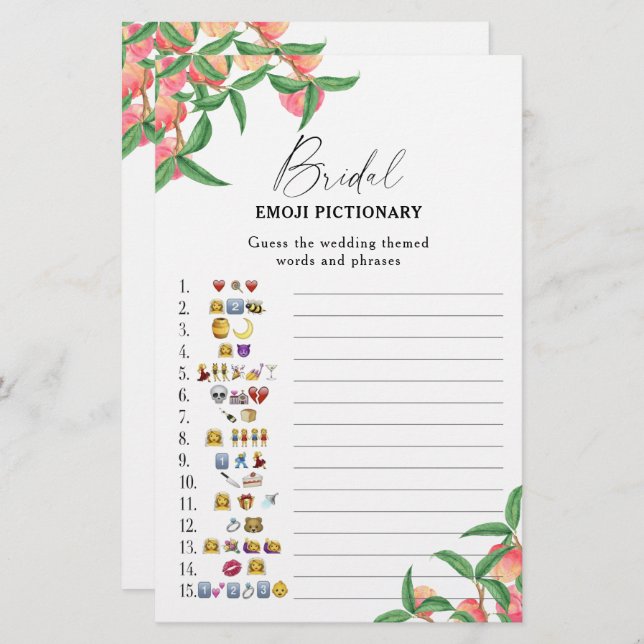 Peaches - bridal shower emoji pictionary game (Front/Back)