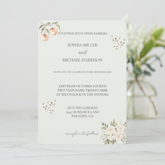 Peaches Butterfly White Floral Romantic Wedding Invitation (Standing Front)