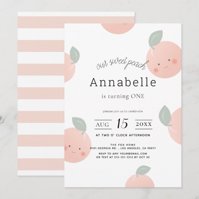 Peaches & Cream Cute Kawaii Girl 1st Birthday Invitation (Front/Back)