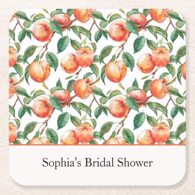Peaches Fruit Bridal Shower Square Paper Coaster (Front)