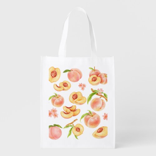 Peaches Fruit Watercolor art Grocery Bag