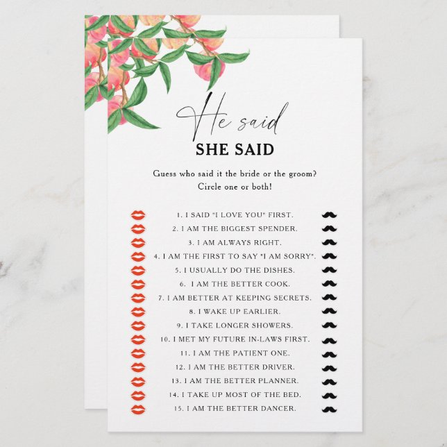 Peaches - He said she said bridal shower game (Front/Back)