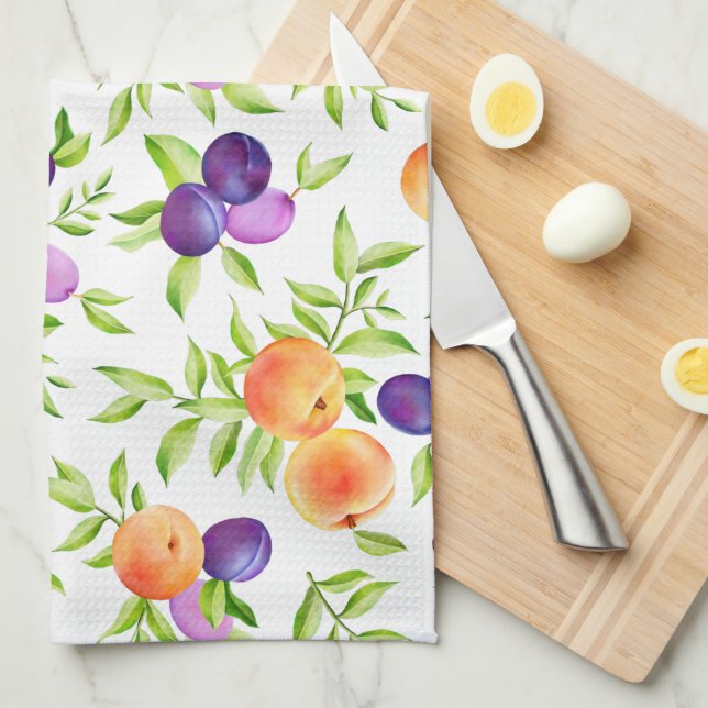 Peaches Plums Purple Cute Fruit Botanical Colorful Kitchen Towel (Quarter Fold)