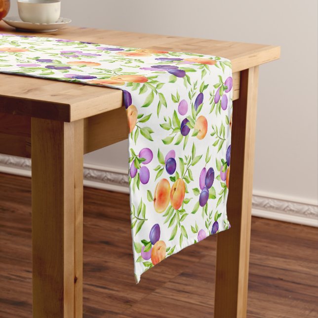 Peaches Plums Purple Cute Fruit Botanical Colorful Short Table Runner (In Situ)