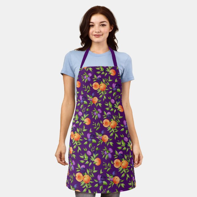 Peaches Plums Purple Cute Fruit Botanical Pattern Apron (Worn)