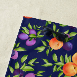 Peaches Plums Purple Cute Fruit Botanical Pattern Beach Towel