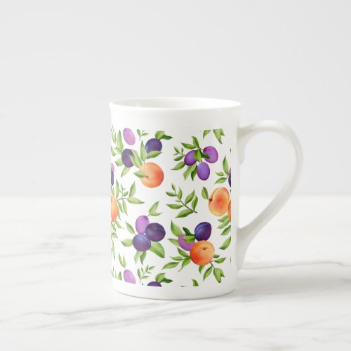 Peaches Plums Purple Cute Fruit Botanical Pattern Bone China Mug