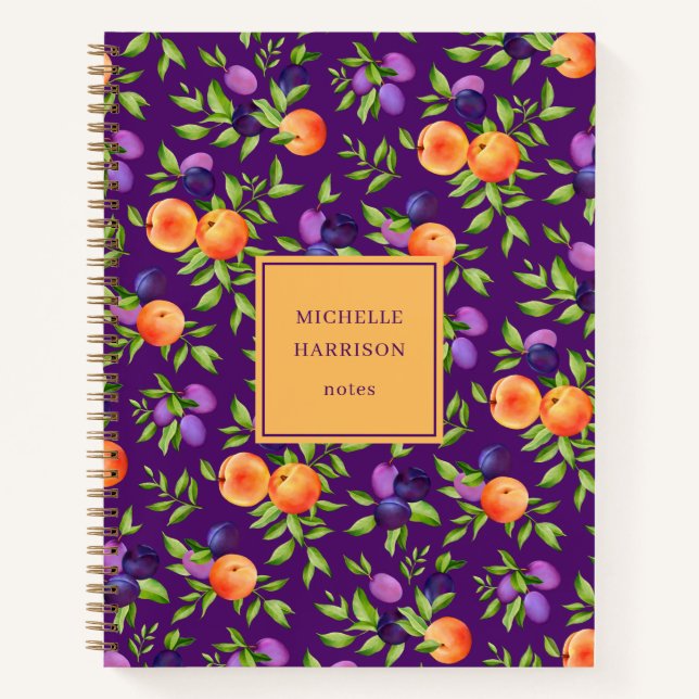 Peaches Plums Purple Cute Fruit Botanical Pattern Notebook (Front)