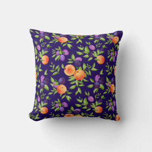 Peaches Plums Purple Cute Fruit Botanical Pattern Throw Pillow