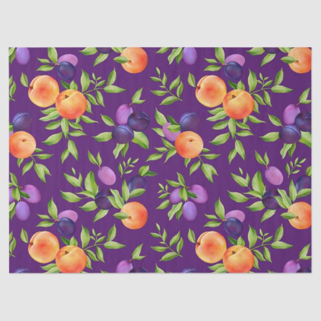 Peaches Plums Purple Cute Fruit Botanical Pattern Tissue Paper (Front)