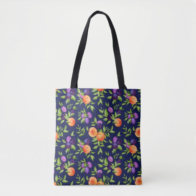 Peaches Plums Purple Cute Fruit Botanical Pattern Tote Bag (Front)
