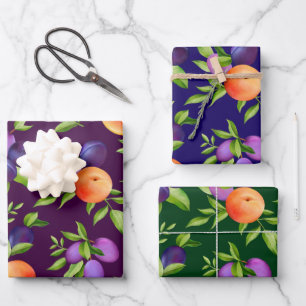 Peaches Plums Purple Cute Fruit Botanical Pattern Wrapping Paper Sheets