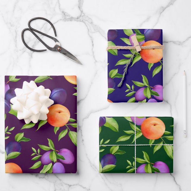 Peaches Plums Purple Cute Fruit Botanical Pattern Wrapping Paper Sheets (Front)