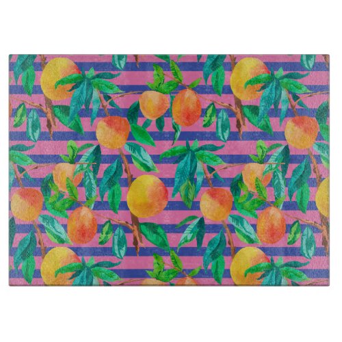 Peaches Print on Lemonade Pink and Blue Stripes Cutting Board