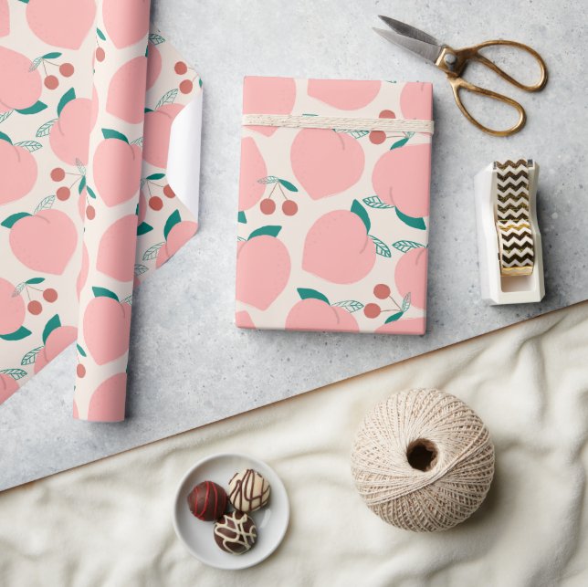 Peaches & Red Cherries Fruit Pattern Wrapping Paper (Crafts)
