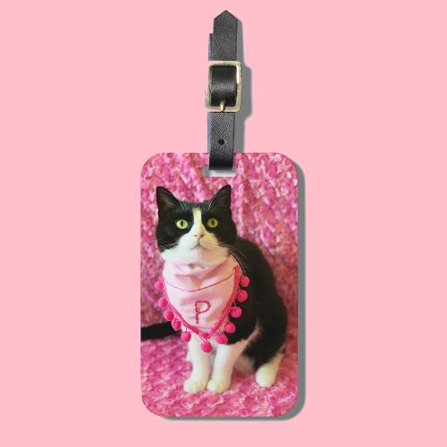 Peaches the Tuxedo Cat Pink Bandana Luggage Tag