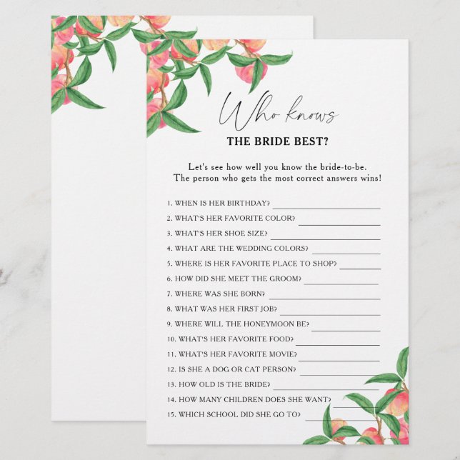 Peaches - Who knows the bride best game (Front/Back)