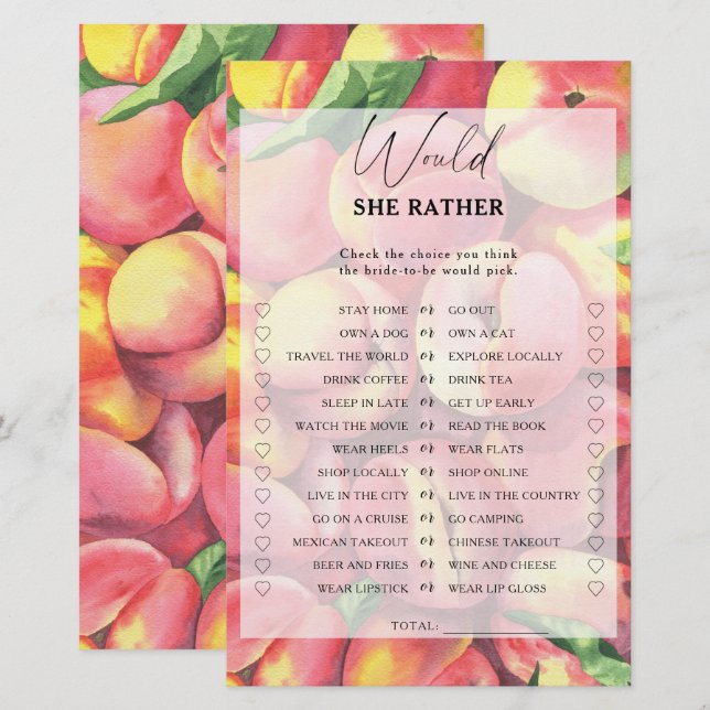 Peaches - Would she rather bridal shower game (Front/Back)