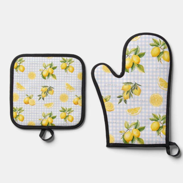 Peachify Lemon Gingham Oven Mitt & Pot Holder Set (Front)