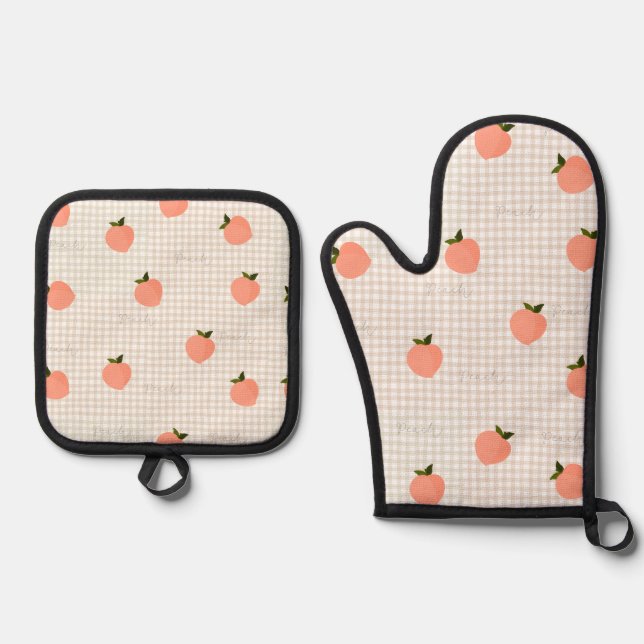 Peachify Peach Gingham Oven Mitt & Pot Holder Set (Front)