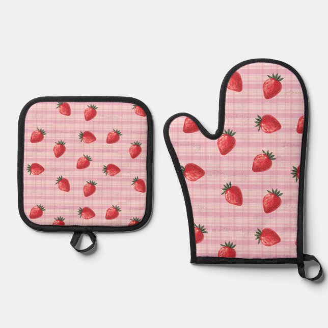 Peachify Strawberry Gingham Oven Mitt & Pot Holder Set (Front)
