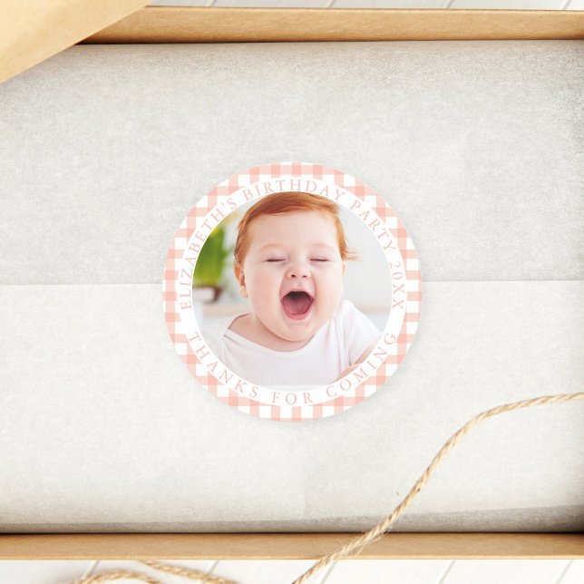 Peachy 1st Birthday Kids Photo Thanks For Coming Classic Round Sticker (Creator Uploaded)