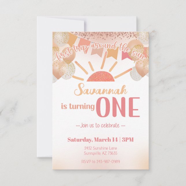 Peachy 1st Trip Around the Sun Birthday Invitation (Front)