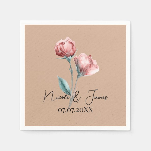 Peachy Beige Watercolor Floral Wedding Napkins (Front)
