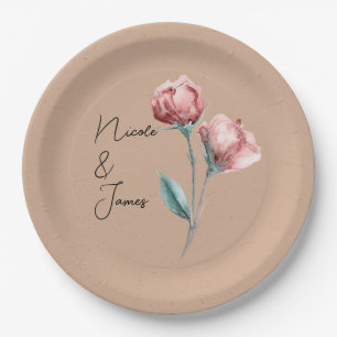 Peachy Beige Watercolor Floral Wedding Paper Plates